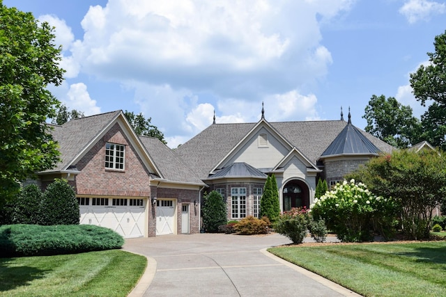 view of front of home with a front yard and a garage