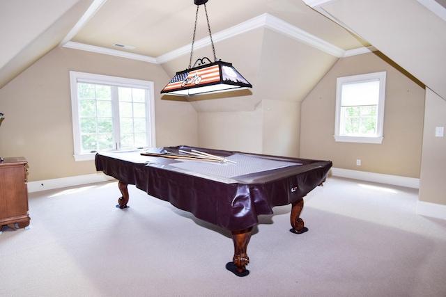 rec room featuring ornamental molding, light colored carpet, billiards, and vaulted ceiling