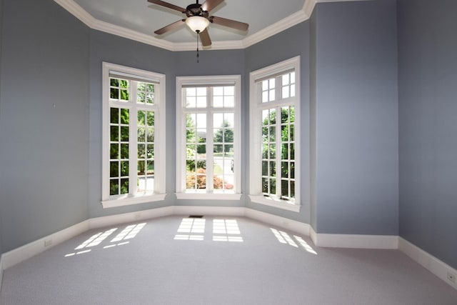 spare room with a healthy amount of sunlight, ceiling fan, crown molding, and carpet flooring