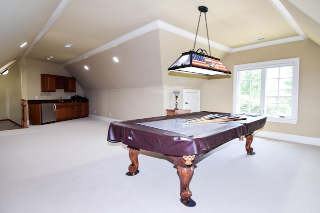 rec room with vaulted ceiling, billiards, carpet floors, ornamental molding, and sink