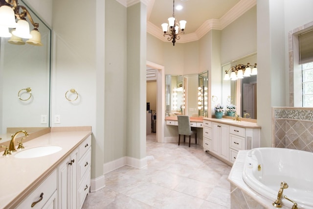 bathroom with vanity, a notable chandelier, a relaxing tiled tub, and crown molding