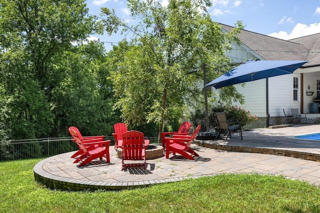 view of patio / terrace featuring a fire pit