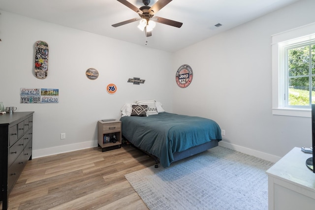 bedroom featuring ceiling fan and light hardwood / wood-style flooring