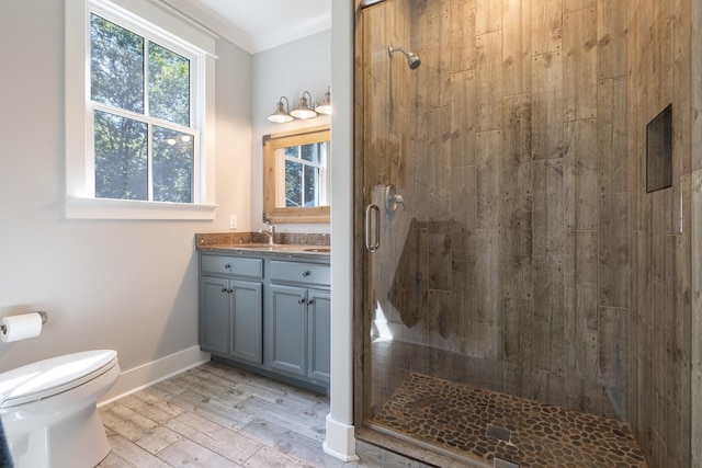 bathroom featuring hardwood / wood-style floors, toilet, a shower with shower door, and vanity