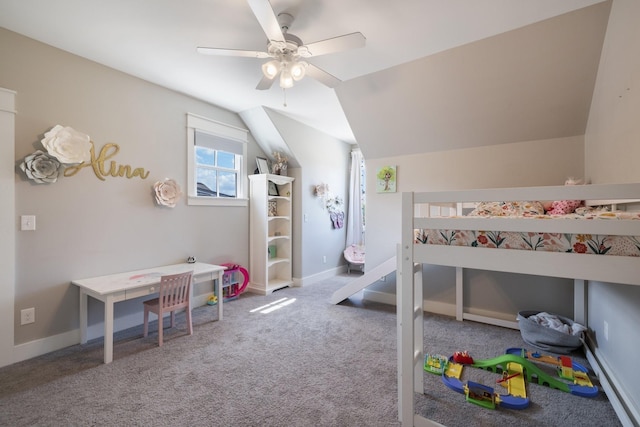 bedroom with carpet, ceiling fan, and vaulted ceiling