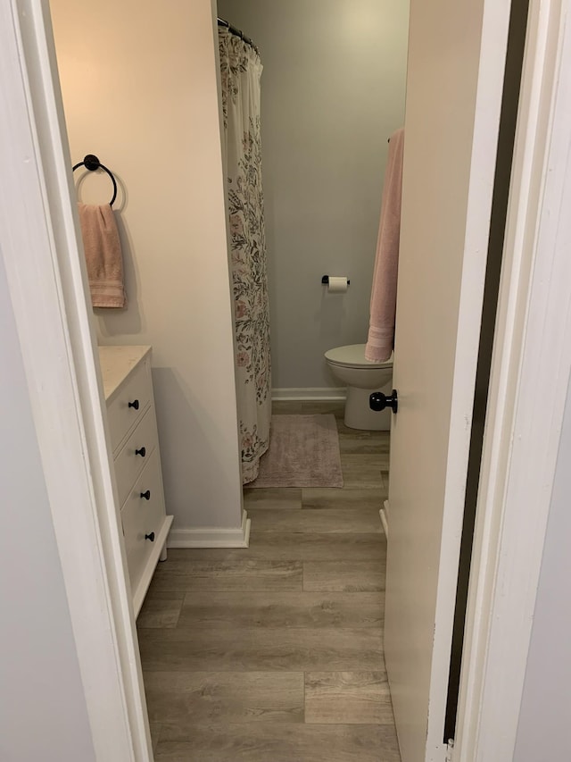 bathroom featuring toilet, vanity, and hardwood / wood-style floors