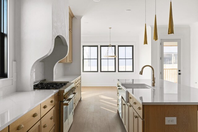 kitchen featuring decorative light fixtures, a kitchen island with sink, range with two ovens, and a healthy amount of sunlight