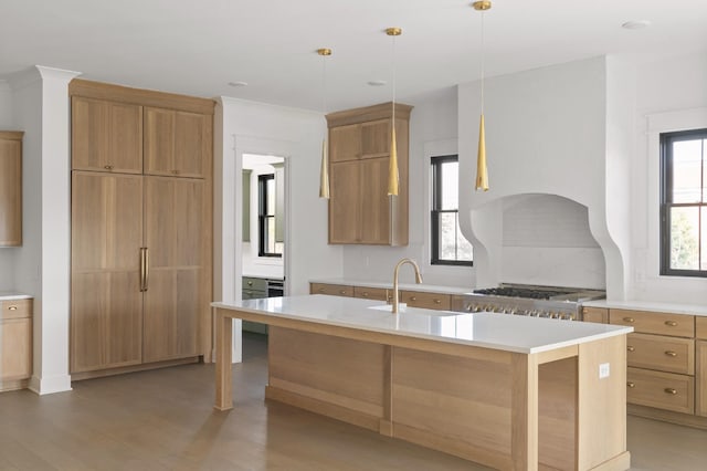 kitchen featuring range, wood-type flooring, an island with sink, pendant lighting, and sink