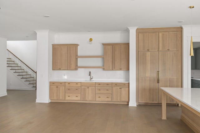 kitchen with hardwood / wood-style flooring and light brown cabinets