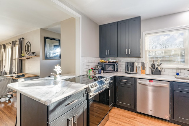 kitchen featuring kitchen peninsula, stainless steel appliances, light hardwood / wood-style flooring, and tasteful backsplash