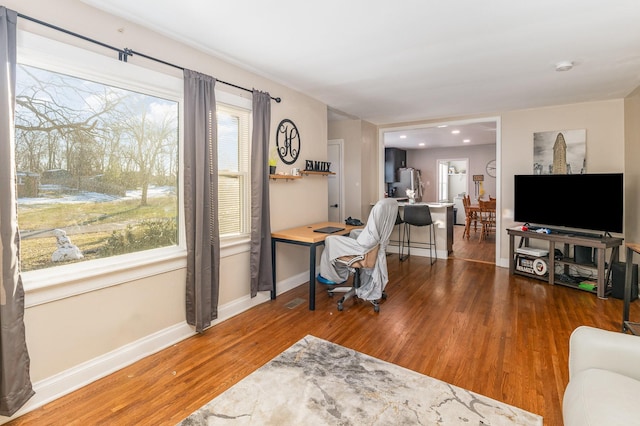 living room with dark hardwood / wood-style flooring