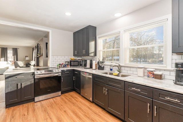 kitchen featuring stainless steel appliances, light stone counters, decorative backsplash, sink, and light hardwood / wood-style flooring