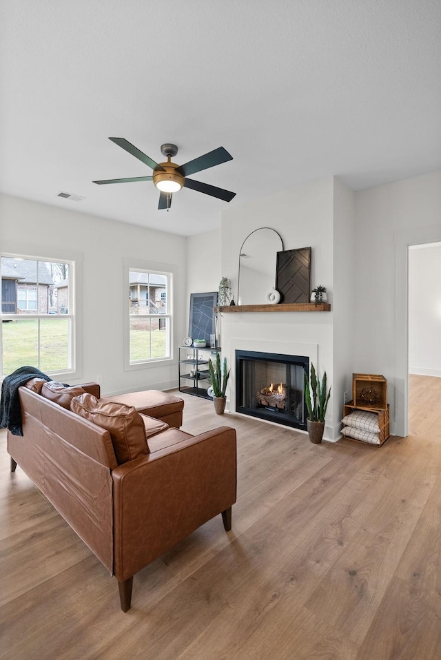 living room with ceiling fan and light hardwood / wood-style floors