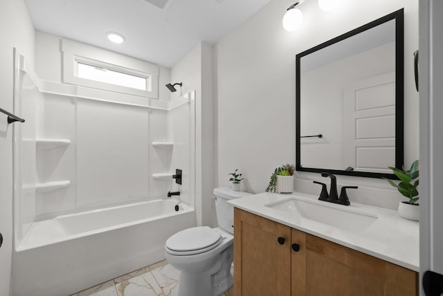 full bathroom with  shower combination, toilet, and vanity