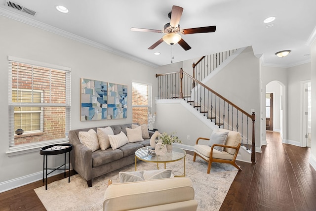 living room with dark wood-type flooring, ceiling fan, and ornamental molding