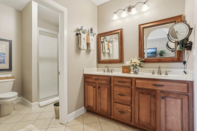 bathroom with tile patterned flooring, an enclosed shower, vanity, and toilet