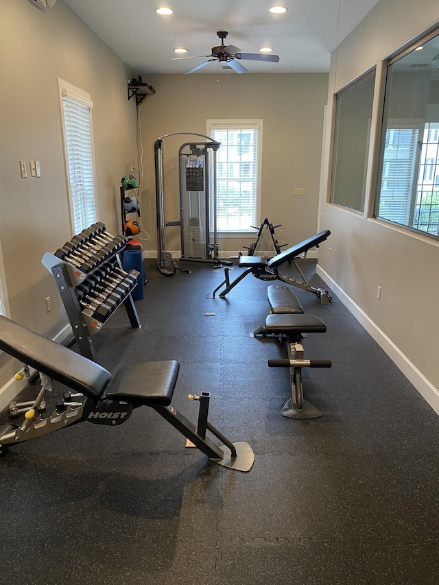 workout room with ceiling fan