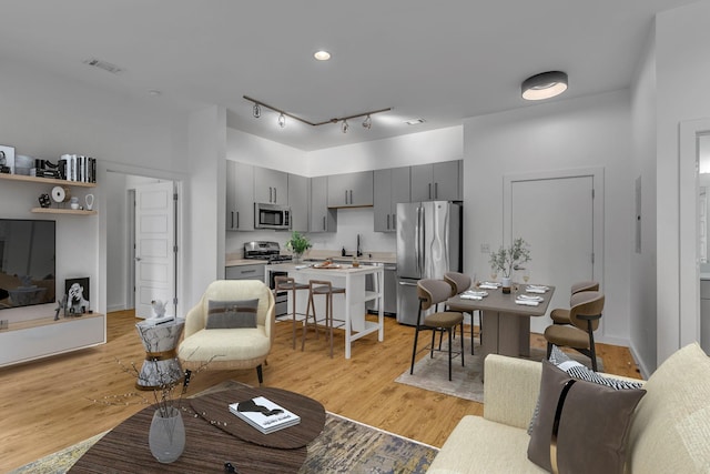 living room featuring sink and light hardwood / wood-style floors