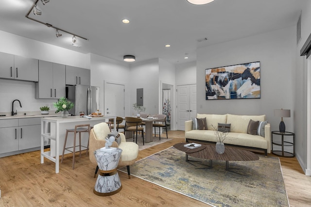 living room featuring sink, light hardwood / wood-style flooring, and track lighting