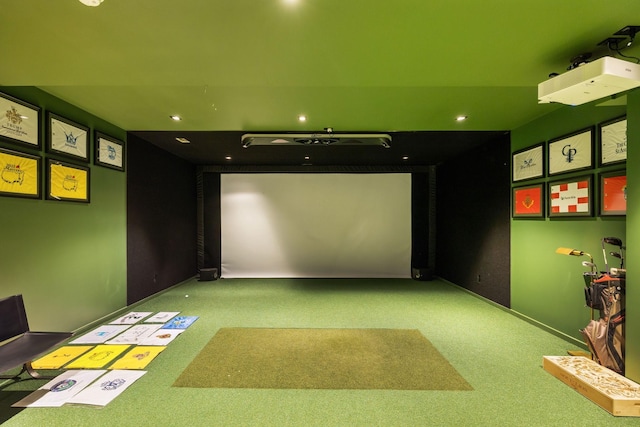 playroom featuring carpet flooring and golf simulator