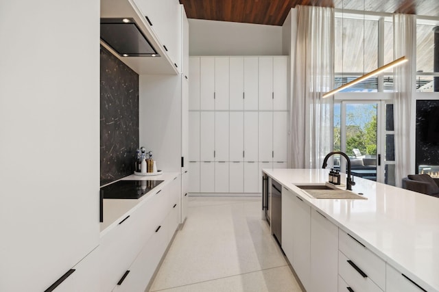 kitchen with range hood, stainless steel dishwasher, white cabinets, wooden ceiling, and sink