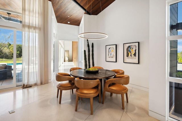 dining room with wood ceiling and high vaulted ceiling