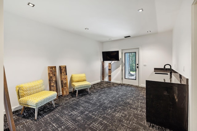 living area with sink and dark carpet