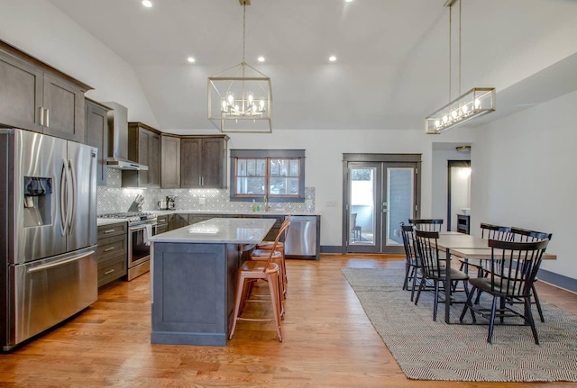 kitchen with appliances with stainless steel finishes, hanging light fixtures, a kitchen bar, a kitchen island, and wall chimney range hood