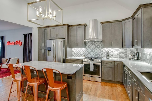 kitchen with stainless steel appliances, a breakfast bar area, backsplash, and wall chimney exhaust hood