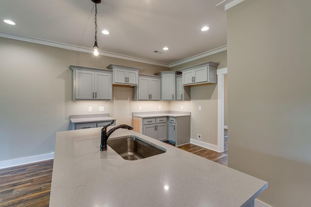 kitchen featuring a kitchen island with sink, dark hardwood / wood-style floors, crown molding, and sink