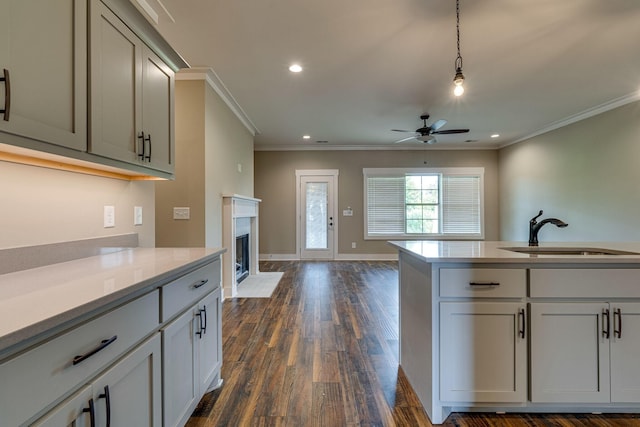 kitchen with sink, decorative light fixtures, ceiling fan, ornamental molding, and dark hardwood / wood-style floors