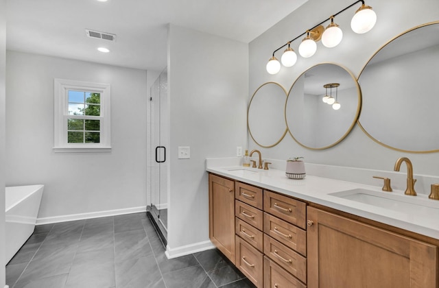 bathroom with plus walk in shower and vanity