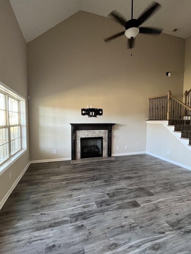 unfurnished living room featuring high vaulted ceiling, ceiling fan, and dark hardwood / wood-style floors