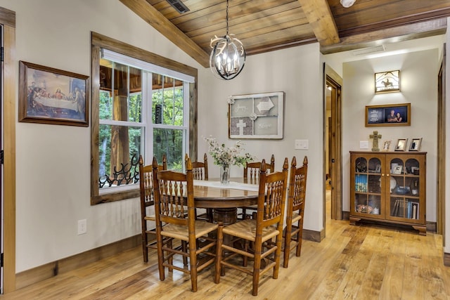 dining space featuring a chandelier, vaulted ceiling with beams, wood ceiling, and light hardwood / wood-style flooring