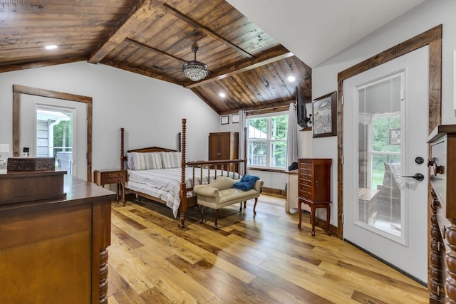 bedroom featuring wooden ceiling, lofted ceiling with beams, a notable chandelier, access to exterior, and light hardwood / wood-style flooring