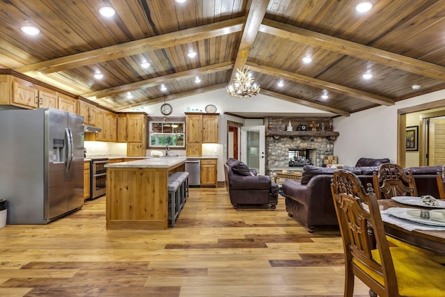 kitchen with a kitchen island, light wood-type flooring, a fireplace, appliances with stainless steel finishes, and sink