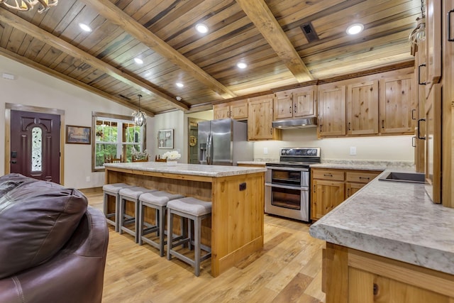 kitchen featuring appliances with stainless steel finishes, light hardwood / wood-style flooring, a center island, and lofted ceiling with beams