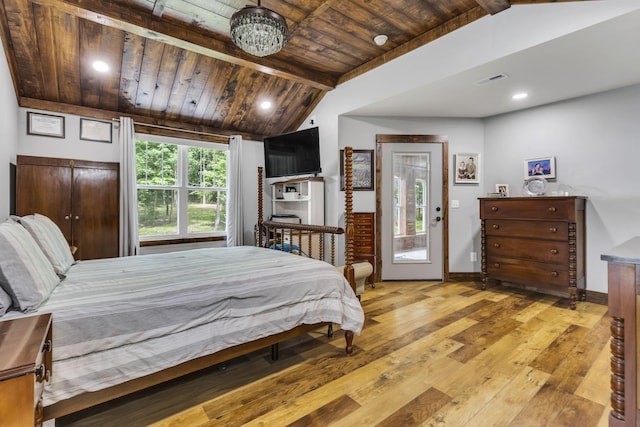 bedroom with wood ceiling, light hardwood / wood-style flooring, and lofted ceiling with beams