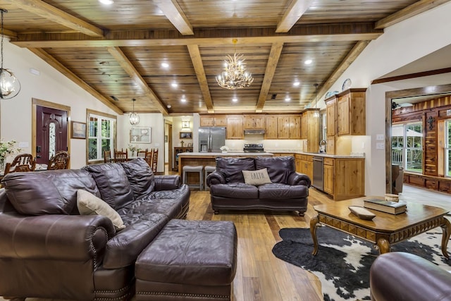 living room featuring light hardwood / wood-style floors, an inviting chandelier, wooden ceiling, and vaulted ceiling with beams