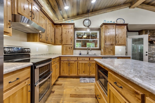 kitchen featuring wooden ceiling, stainless steel appliances, lofted ceiling with beams, sink, and light hardwood / wood-style flooring