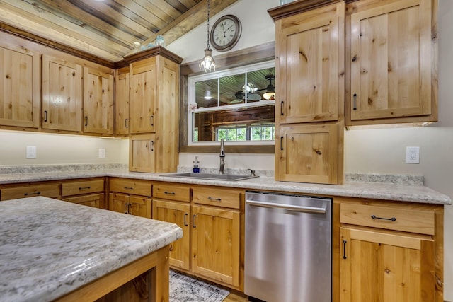 kitchen with sink, wooden ceiling, vaulted ceiling with beams, dishwasher, and pendant lighting