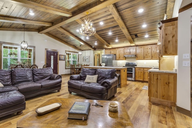 living room featuring lofted ceiling with beams, wood ceiling, a chandelier, and light wood-type flooring