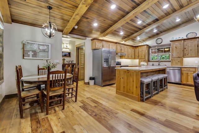 kitchen with hanging light fixtures, light hardwood / wood-style floors, a kitchen island, appliances with stainless steel finishes, and vaulted ceiling with beams