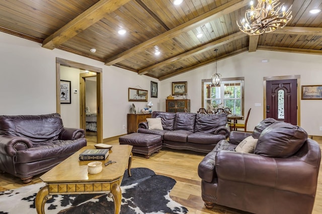 living room featuring a notable chandelier, wood ceiling, light hardwood / wood-style flooring, and vaulted ceiling with beams