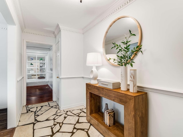 hallway featuring ornamental molding