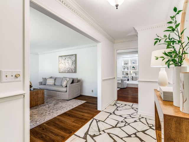 hall with crown molding and light hardwood / wood-style flooring