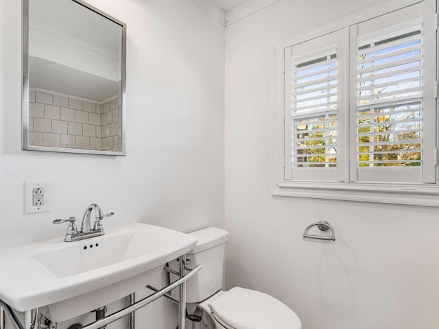 bathroom with toilet, sink, ornamental molding, and a wealth of natural light