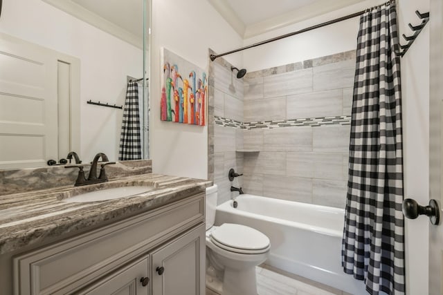 full bathroom featuring shower / bath combination with curtain, crown molding, vanity, and toilet