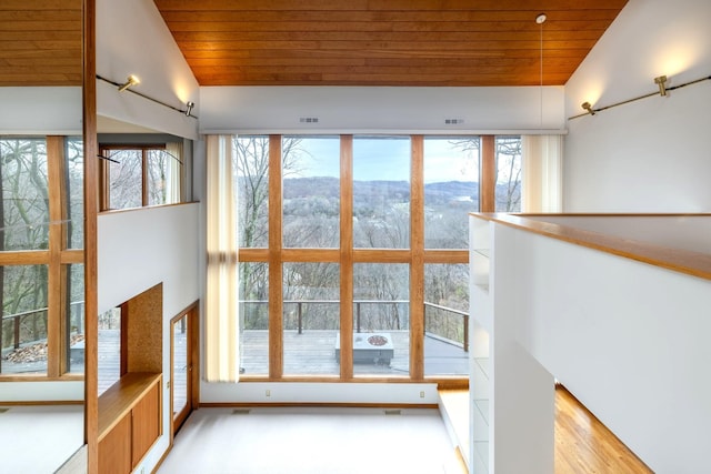 doorway featuring a mountain view, light wood-type flooring, vaulted ceiling, and wooden ceiling