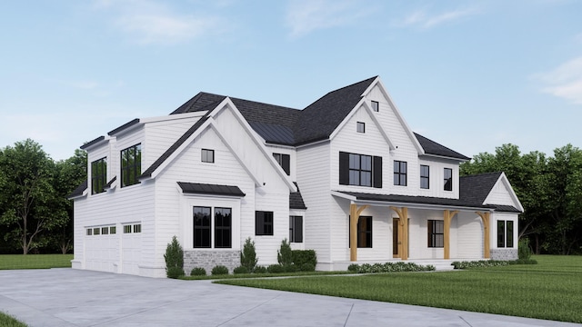 modern farmhouse featuring a garage, covered porch, and a front lawn